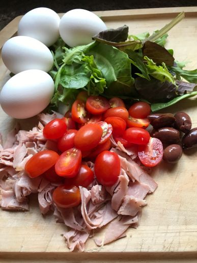 Scrambled eggs with ham, tomato, greens, kalmata olives ingredients Aug 13, 2017